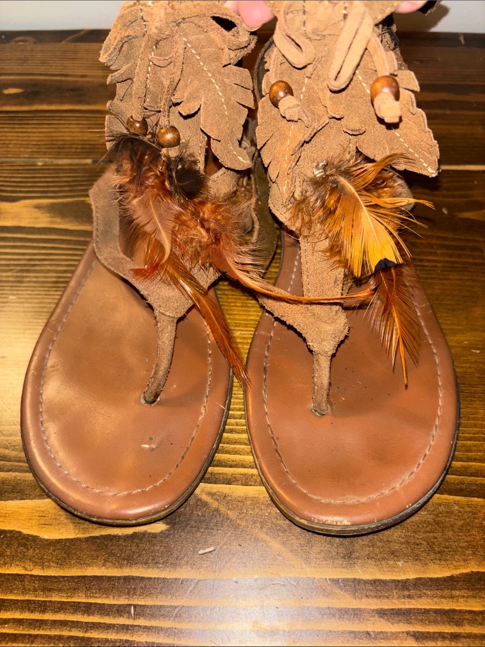 Minnetonka Tan Suede Feather Lace-Up Gladiator Sandals